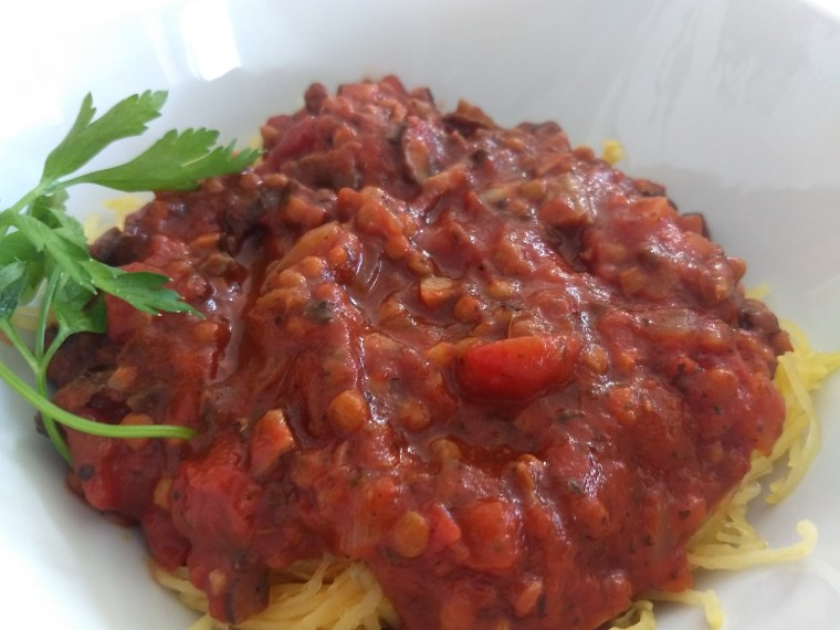 Spaghetti Squash with Mushroom &amp; Lentil Sauce